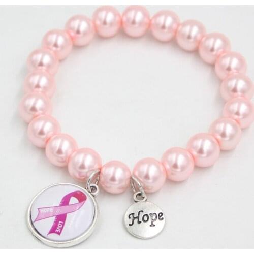 New Arrival 10mm Pearl Bracelets Breast Cancer Awareness Hope Pink Ribbon Cancer Bracelet Jewelry For women ladies