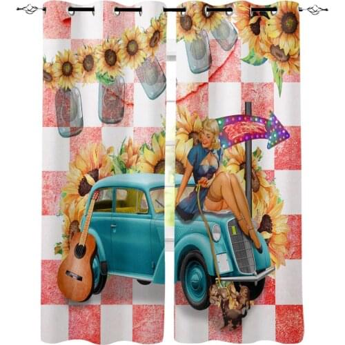 Multi-size Retro Girl Farm Sunflower Pickup Window Curtains Polyester Fabric Living Room Curtain Home Decor
