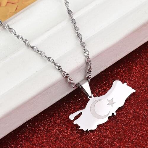 Stainless Steel Silver Color Turkey Map Pendant Necklace Trendy Turkish Map Chain Jewelry