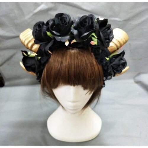 Ram Horns Headband Cosplay Fantasy Fancy Dress Sheep Goat Animal Black Rose Crown Headpieces