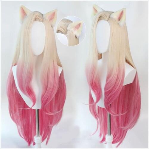 LOL KDA Baddest Ahri Cosplay Wig with Ears Heat Resistant Synthetic Hair Blonde Mixed Pink
