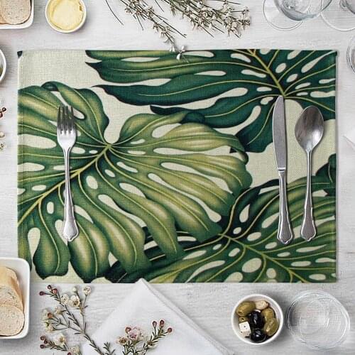 Green Leaves Pattern Western Pad 42x32cm Cotton Linen Placemat Insulation Dining Table Mat Bowls Coasters Kitchen Accessories