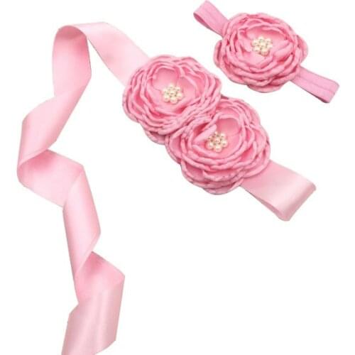 10 Pcs/lot Solid Satin Flower Sash Matching Headband Luxe Women Sash Head Bands Set Pearls Flower Girl Sash