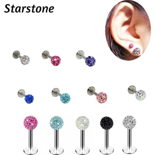 2Pcs 16G 1.2x6/8mm Crystal Tragus Cartilage Helix Studs Lip Ring Fashion Body Piercing Jewelry Labret Stud Flat Bottom Earring