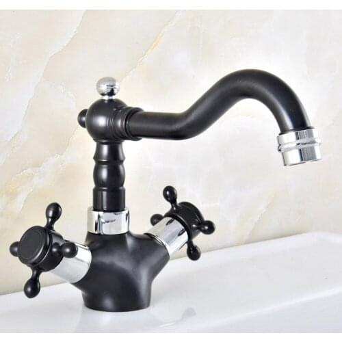 Basin Faucets Black & Chrome Brass Bathroom Sink Faucet 360 Degree Swivel Spout Double Cross Handle Vanity Sink Mixer Tap Nnf481