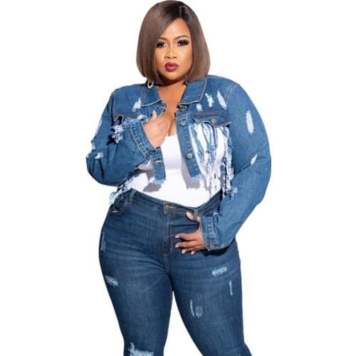 Fringed Hole Long Sleeve Short Denim Coat Turn Down Collar Tassel Jacket Women Fashion Wholesale Dropshipping