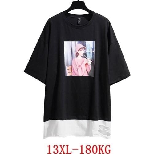 Plus size womens T-shirt stitching color plus size 8XL 9XL 10X 12XL13XL summer round neck short sleeve loose black big T-shirt