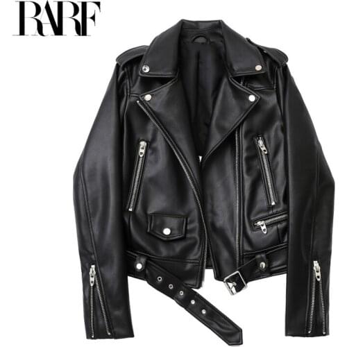 Spring and Autumn 2021 New faux leather PU jacket with belt womens lapel motorcycle jacket black zip biker jacket