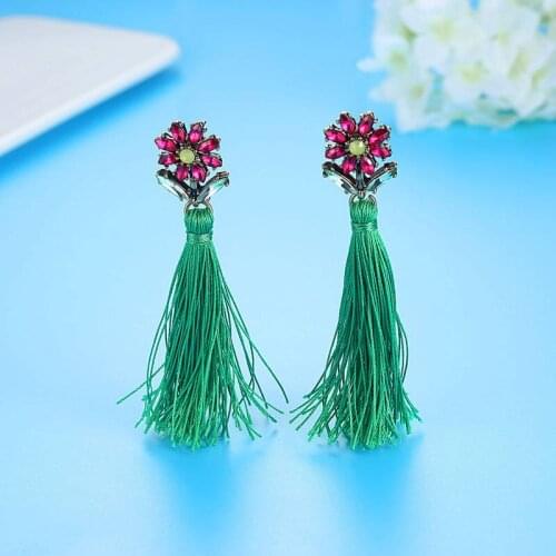 Women Retro Ethnic Tassel Handmade Green Dangle Earring Bohemia Long Tassel Flower Drop Earrings Jewelry Accessories New