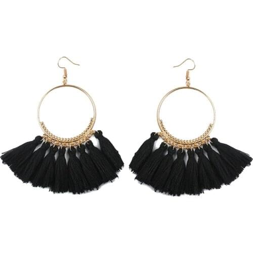 Boho Gold Color Big Loop Connector Fan Shape Dark Green Yellow Black Maroon Red Beige Tassels Dangle Tassels Earrings For Women