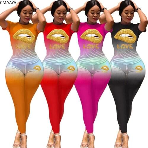 CM.YAYA Fashion Gradient Lips Print Womens Set T-shirt Top Jogger Pants Suit Active Wear Tracksuit Two Piece Set Fitness Outfit