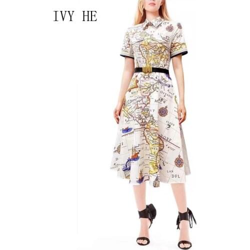 IVY HE High Quality Summer Dress Woman Clothing Fashion Casual Elegant Map Printing Maxi Long Dress Traf Robe ZA Party Dresses