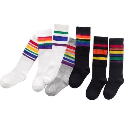 3 pairs Boys football socks striped colored rainbow knee socks cotton school sports white long sock for kids baby boy children