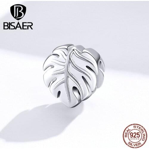 Leaf Beads BISAER Authentic 925 Sterling Silver Monstera Deliciosa DIY Charms fit Girls Bracelets Bangles Jewelry Making EFC141