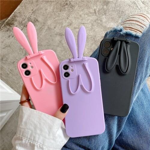 Agrotera Soft Silicone Case Cover for iPhone 7 8 Plus X XS XR 11 Pro Max SE 2020 12 3D Rabbit Bunny Hare Ears with Stand Holder