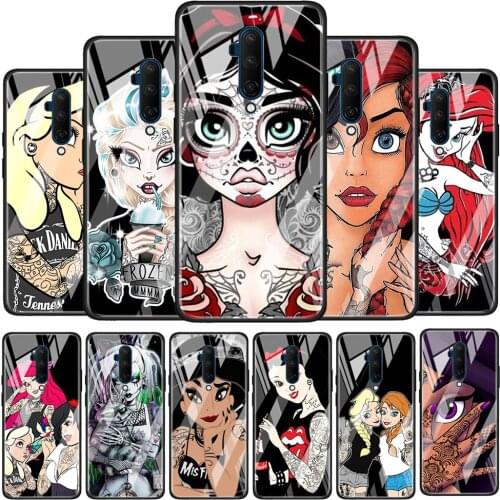 Tattoo Disney Princess Tempered Glass Cover For OnePlus Z 7 8 9 7T 8T 9R Nord 5G Pro Silicone Phone Case Coque