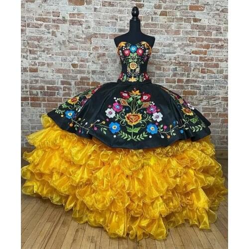 Exclusiva De Vestidos Coleccion Charro Quinceanera Dress Ball Gowns For Mexican Girl Embroidery Lace Ruffles Skirt Prom Dress