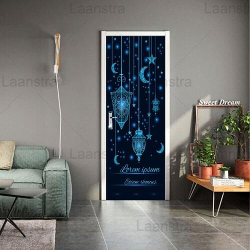 Fantasy Starlight Door Sticker Room Decoration Blue Light Moon Door Decals Self-Adhesive Waterproof Home Decor Wall Poster