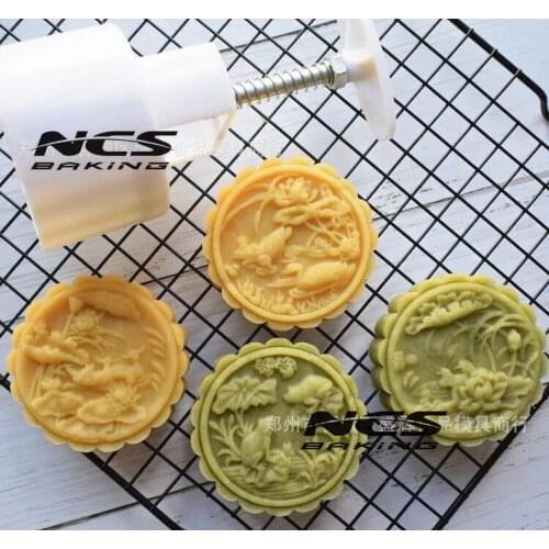 125g round shape birds design Mooncake mung bean cake Molds mould with 4 Stamps plastic hand pressure , 50sets/lot
