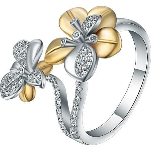 Hainon Luxury Design Fashion Gold Color Flower Zircon Inlayed Crystal Rings For Women Engagement Silver Color Jewelry Gift Rings