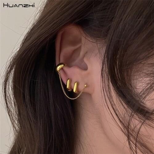 HUANZHI 2020 New Simplicity Geometry Square Ear clip Metal Ear ring Gold Color Chain Earring for Woman Girls Accessories