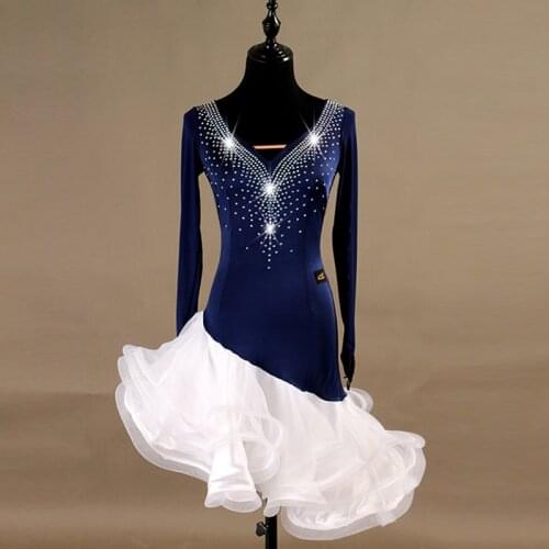 Latin Dance Costume Women/Girl Long Sleeve Senior Diamond Latin Competition Dress Lady Rumba/Cha Cha Samba Dance Clothes DQL3010