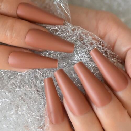 Matte Nude Brown Super Long Coffin Press on False Nail Tips 24 pcs Frosted Full Cover 10 Sizes Ballerina Acrylic Fake Nail