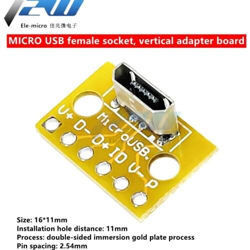 MicroUSB USB 2.0 Vertical A-Head Female Connector 2.54mm PCB Converter Adapter 180 Degree Vertical Output Board 5PCS