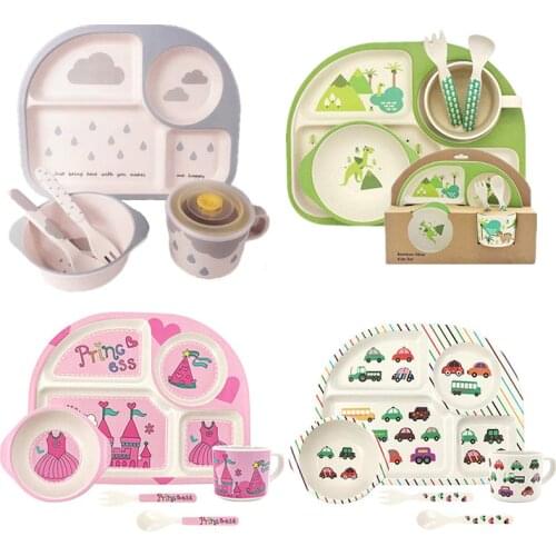 5pcs/set Baby Children Tableware Set 100% bamboo fiber Plate Set Animal zoo Baby Plate Bow Cup Forks Dinnerware Feeding Set