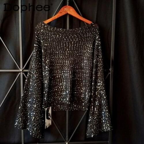2021 Spring/Summer New Loose Sequins Hollowed Pullover Sweater Women Slash Neck Bell Sleeve All-Match Sweet Knitted Jumper Tops