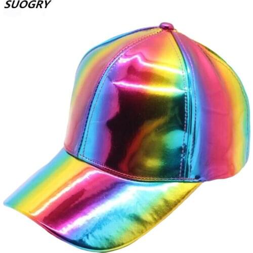 Rainbow PU Leather Baseball Cap Adjustbale Snapback Hats for Men Women Purple Gold Silver 6 Panels Hip Hop Caps Dance Party Wear