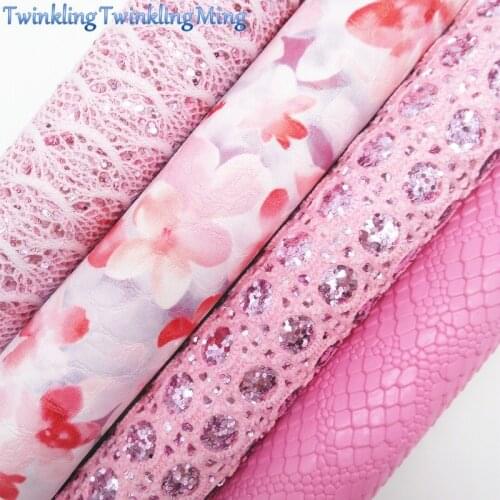 PINK Lace Glitter Fabirc, Snake Faux Leather Fabric, Flowers Synthetic Leather Fabric For Bow A4 8"x11"Twinkling Ming XM432