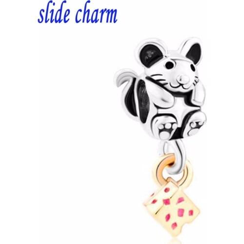 Slide charm wholesale Free shipping Adorable Mouse With 14 K Cheese Beads Charms Bracelets fit Pandora bracelet