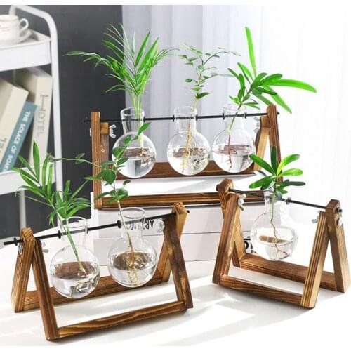 Wooden Frame Glass Vase Home Decor Crystal Glass Plant Holder Vase Wedding Decoration Flower Pot Hydroponic Plants Container