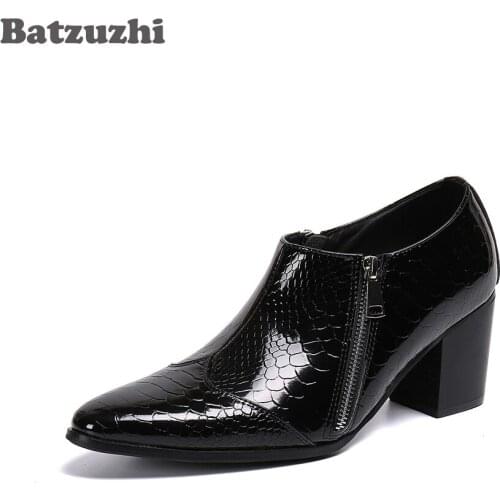 Batzuzhi Black Leather Dress Shoes 6.8cm High Heel Mens Leather Shoes Pointed Toe Zip Men Designers Zapatos Hombre Party,38-46