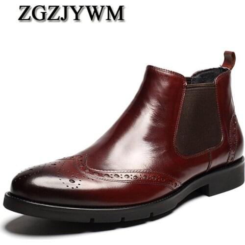 ZGZJYWM High Quality Carved Fashion Handmade Breathable Genuine Leather Boots Slip-On Pointed Toe Oxford Ankle Boots For Men