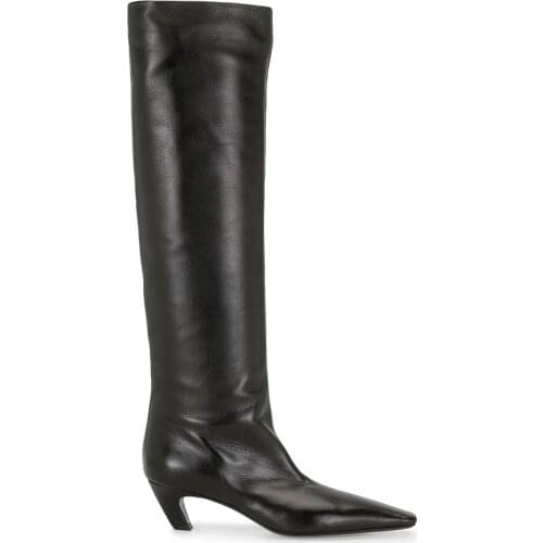 Tapered Heel Square Headgear Knee-Length Boots Imitation Cowhide Texture Noble Autumn And Winter Womens Boots Imitation Leather