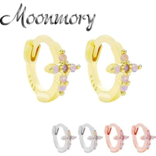 Moonmory 925 Sterling Silver Opal Cross Hoop Huggies Earring For Women Christmas Gift Luxury Round Brincos Jewelry No Piercing