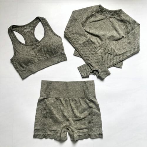 Women Vital Seamless Yoga Set Workout Sport Wear Gym Clothing Long Sleeve Crop Top Sport Bra High Waist Yoga Shorts Sports Suit