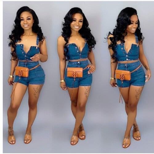 Denim Sexy Women 2 Two Piece Set Summer Set Sleeveless Jeans Crop Top + Shorts Suit Blue Denim Matching Set Casual Sexy Outfits