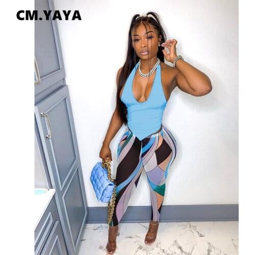 CM.YAYA Women Set Sleeveless Bandage Halter Backless Slim Tops Stretchy Pencil Pants Two Piece Sets Sexy Outfit Tracksuit Summer