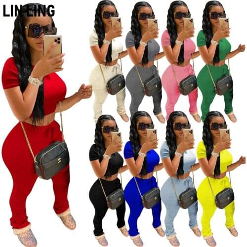 LINLING Women Casual Solid Crop T Shirt and High Waist Long Pants Sets 2 Piece Outfit Tracksuits Set Sportwear