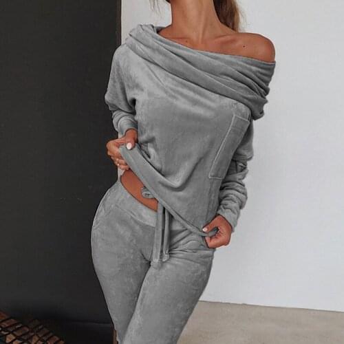2021 Tracksuit Women 2 pieces Set Sweatshirt Autumn One shoulder Sweatshirt Pants Sets Sport Wear Tracksuit Velvet Lounge Suit