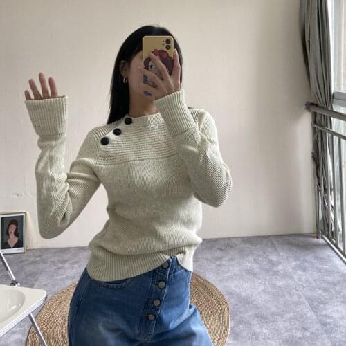Women Sweater 2020 Autumn and Winter New Button Decoration Slim and Thin Wool Long-sleeved Womens Pullover Sweater