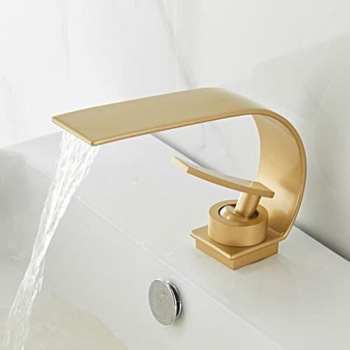 Basin Waterfall Faucet Brush Gold Mixer Faucet Deck Mounted Hot & Cold Bathroom Sink Tap Total Brass Lavatory Faucet Bath Crane