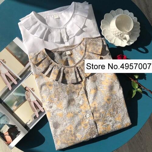 Ladies 2021ss 100% Cotton Doll Collar Long Sleeve Ruffled Floral Printed/Solid White Color Blouse Shirt Top