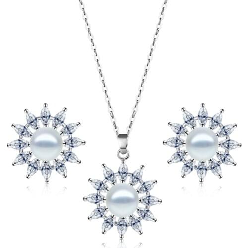 925 Sterling Silver Chain Necklace For Women Sunflower Shape Natural Freshwater Pearl Crystal Stud Earrings Bridal Jewelry Set