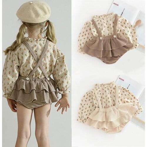 Baby Girls Clothing Set Winter Long Sleeve Floral Print Shirt+Suspender Romper Costumes 3 6 9 12 24 Months Toddler Kids Clothes