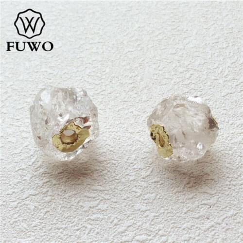 FUWO Round Clear Quartz Connector Beads With 24K Gold Color Plated Fashion Hand Carved Natural Quartz For DIY Making PD161
