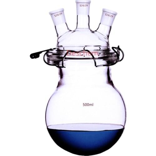 500ml,24/29 Glass Reaction Kettle 3-Neck Lab Reactor With Lid & Steel Clip